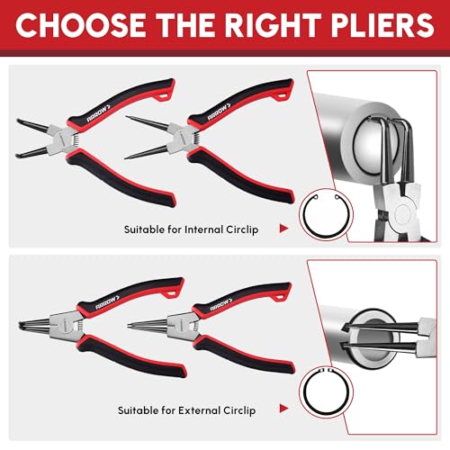 ARROW Snap Ring Pliers Set, 4-Piece Heavy Duty 7-Inch Internal/External Circlip Pliers with Straight & Bent Jaws, CR-V Steel, Spring-Loaded Precision C-Clip Removal Tool with Storage Pouch