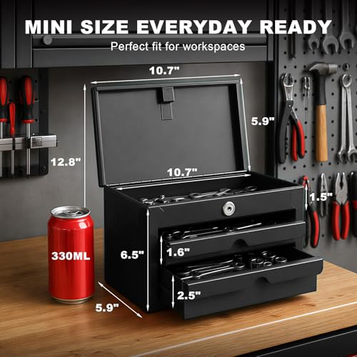 BIG RED Mini Steel Tool Box with Drawer, Small Metal Tool Box Organizer | Lockable Top Storage, Multi-Purpose Portable Tool Box Organize for Desk, Home, Garage, desk or Workbench, Black - color: Black, size: 10.7in