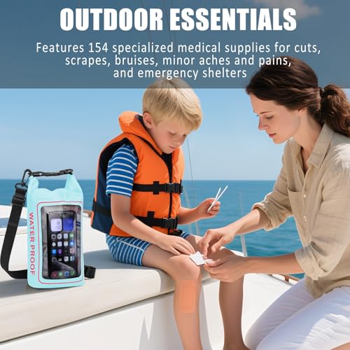 154 Pieces Waterproof Boat First Aid Kit Dry Bag with Out Bags Pouch Roll Top Boat Emergency Kit 2-in-1 for Camping Fishing Kayaking Swimming Rafting - color: Mintgreen