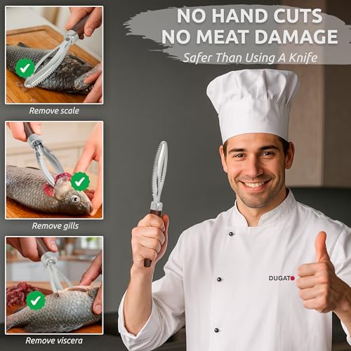 DUGATO Fish Scale Remover, Stainless Steel Scaler with Wood Handle | Serrated Descaler Scraper for Quick Fish Cleaning, Rustproof Blade, Seafood Prep for Kitchen & Outdoor