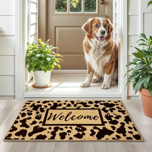Welcome Doormat Outdoor Indoor Cow Print Door Mat Western Mat for Entrance Front Back Door Aesthetic Carpet for Hallway Farmhouse Non-Slip Inside Outside Doormats Modern Black Dot Entryway Mat - color: Cow Print