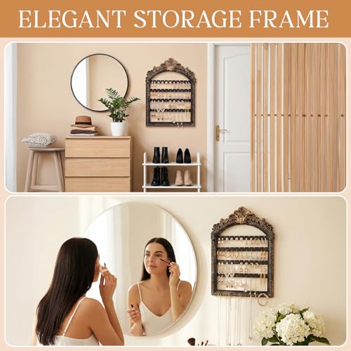 13 x 9.3'' Wall Hanging Earring Holder Black Vintage Jewelry Frame Organizers 4 Layer Wall Mounted Earrings Display Rack with Hooks Decorative Retro Jewelry Display for Necklaces - color: Black, size: 13 x 9.3''
