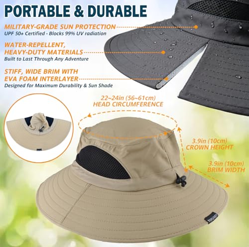 Wide Brim Sun Bucket Hat, Waterproof Boonie Hat for Men & Women | UPF 50+ UV Protection, Adjustable Fit, Chin Strap & Sweatband, Foldable Durable for Fishing Hiking Garden Beach - color: 01 Khaki