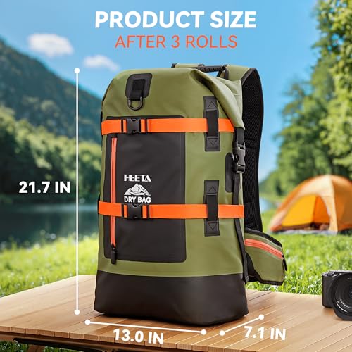 HEETA Dry Bags Waterproof Backpack 40L for Men & Women, Roll Top Heavy Duty Cushioned Hiking Backpack for Kayaking Boating Paddle Boarding Fishing Travel Camping Beach Vacation Cruise Ship Essentials - color: Green