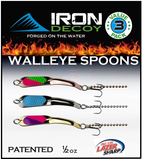 IRON DECOY Spoon Fishing Lures 3-Pack, Multi-Species Metal Spoons for Trout, Walleye, Bass, Salmon, Pike, Ice Fishing & Trolling, Vibrating Spoon Lure Kit - color: Walleye, 1/2 oz