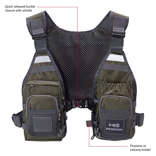 BASSDASH FV08 Ultra Lightweight Fly Fishing Vest for Men and Women Portable Chest Pack - color: Army Green