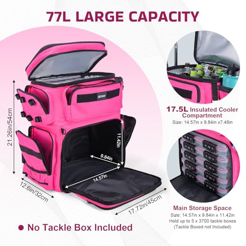 Goture Fishing Backpack with Cooler, 66L 600D Tackle Backpack with 3 Rod Holders, Helmet Holder, Rain Cover, Saltwater Large Fishing Bag for Camping Hiking, Gear Storage Bag, Gifts for Men - color: B1:pink(without Tackle Box)