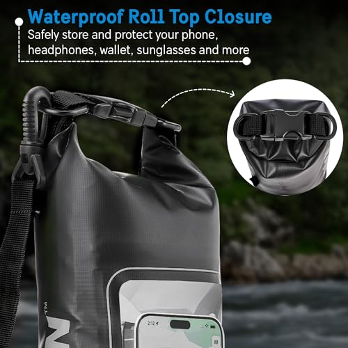 Pelican Marine IP68 Waterproof Dry Bag 2L with Phone Pouch/Case - Black | Roll Top Waterproof Backpack with Touchscreen Phone Pouch - Swimming, Kayaking, Camping, Rafting, Fishing & Travel Essentials - color: Stealth Black - 2L, size: 2L