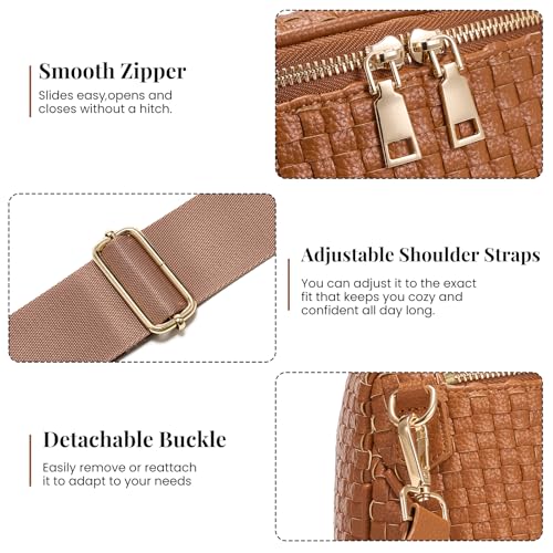 Woven Vegan leather Crossbody Bags For Women, Checkered Fashion PU Bum Bag Waist Pack, Travel Sling Purse with Adjustable Strap（Brown) - color: Brown