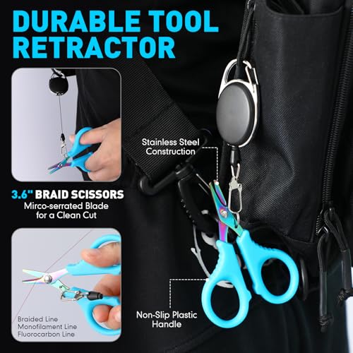 RoundFunny 14 Pcs Fishing Tool Kit, Fillet Knife, Fishing Pliers with Lanyard, Digital Scale, Lip Gripper, Hook Remover Fish Scaler Braid Scissors Gloves Sharpening Rod Retractor Towel Bag - color: Blue, style: A