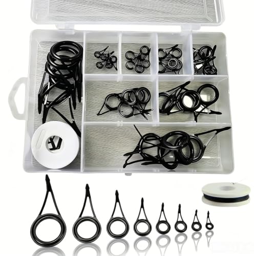 Fishing Rod Repair Kit with Rod Wrapping Machine Complete Size Pole Guides | 8 Sizes Casting＆Spinning Rod Eyes Ceramic Rings Stainless Steel Rod Eyelet Replacement for Rod Building DIY - color: Black Spinning Guide
