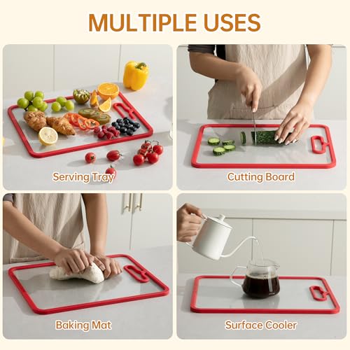 2Pcs Red Glass Cutting Board for Kitchen, Tempered Glass Chopping Board with Non-Slip Edges, Dishwasher Safe Clear Cutting Board Set, Heat & Shatter Resistant, 15"×11" & 13"×9"