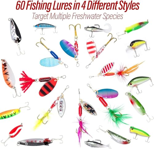 Dr.Fish Fishing Tackle Bag 5 Boxes with 60 Lures Included Loaded Stocked Tackle Box Set Spinner Lures Kit Freshwater Gear Equipment - color: Black Bag, 11.4*4.9*7.9’'