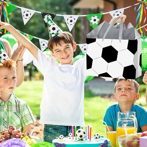 Hooqict Large Soccer Gift Bag Soccer Birthday Gift Wrap Bag with Handles, Tissue Paper, Greeting Cards for Kids Boys Men Sports Themed Goodie Treat Party Favors - color: Soccer