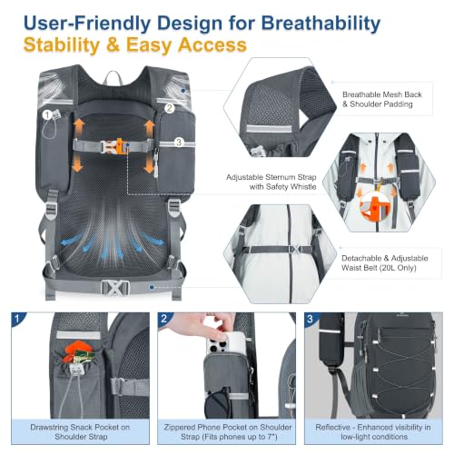 BECOJADDE Hiking Backpack 20L Small Backpack Packable Day pack Water Resistant Lightweight Travel Backpack for Women Men with Shoulder Strap Pockets for Hiking Camping Outdoor, Grey - color: Grey, size: 20L