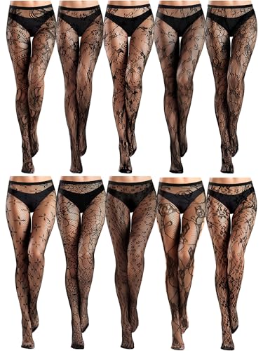 Ramede 10 Pairs Lace Fishnet Goth Patterned Fish Nets Tights High Waist Mesh Pantyhose Thigh High Stockings for Women - size: Small