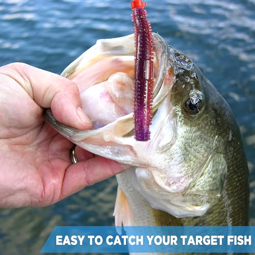 PLUSINNO Wacky Worm Fishing Lure Kit, Soft Plastic Fishing Lures, Grub Baits Hook Wacky Rig Bass Trout Fishing Worms Lures w/Tackle Box - color: 65PCS Stick Worms Ned Rig Kit