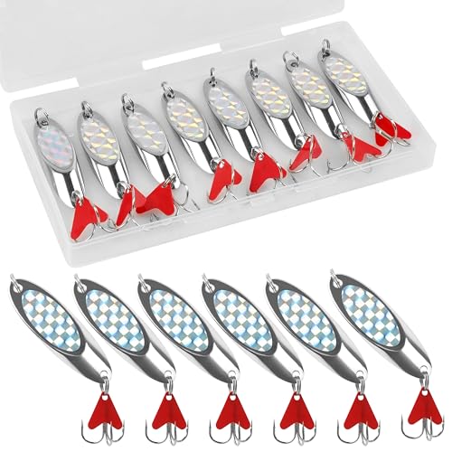 Fishing Spoons Lures, 8pcs Metal Casting Jigging Spoons Silver Trolling Pike Spoon Trout Lures with Treble Hooks for Bass Trout Salmon Pike Walleye Fishing - size: 1/2 oz_8pcs