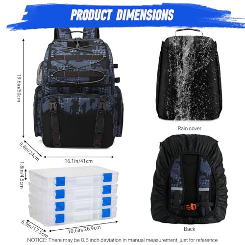 RUCYEN Fishing Backpack, 45L Large Cooler Fishing Tackle bag with Rod Holders & Rain Cover, Water-resistant Store Gear(With 4 Tackle Boxes) - color: Black Camo(With 4 Tackle Boxes)