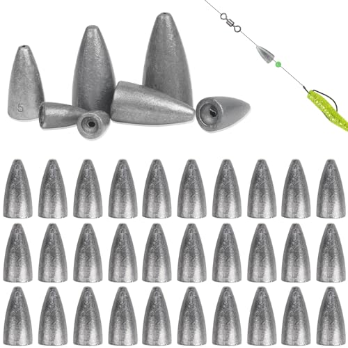 Fishing Weights 30pcs Bullet Sinkers Worm Weights for Bass Fishing Carolina Rig Texas Rig Slip Sinker Sliding Weights Lead Fishing Weights Saltwater Freshwater - style: 3/16oz-30pcs