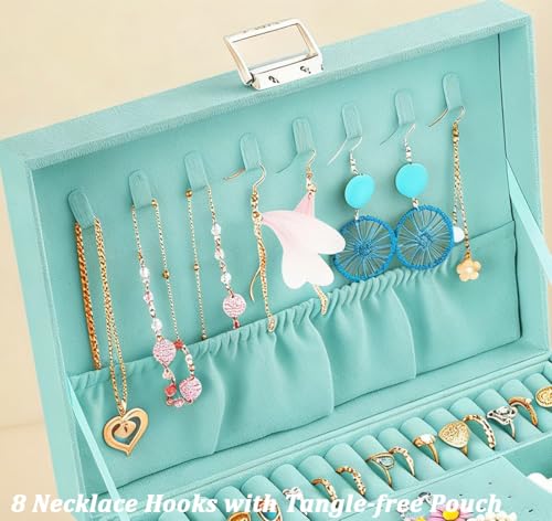 QBestry 3-Layer Jewelry Box for Girls & Teens with Lock and Key, Large Jewelry Organizer with 8 Necklace Hooks & 56 Earring Holes, Teal Velvet Jewelry Storage Box for Necklaces Earrings Rings Bracelet - color: Turquoise