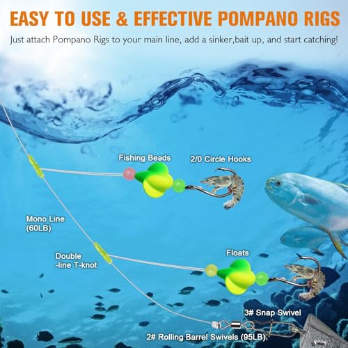Dovesun 10PCS/4PCS Pompano Rigs for Surf Fishing Saltwater Fishing Rigs with Floats and Beads Unique Double-Line T-Knot Pre-Rigged Surf Fishing Gear & Tackle with Circle Hooks - color: Propeller Float(2colors)*10PCS, size: 2/0 Hook