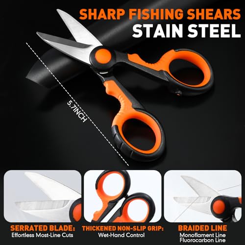 RoundFunny 13 Pcs Fishing Tool Kit, Fishing Pliers with Lanyard, Fillet Knife, Fish Lip Gripper, Hook Remover, Braid Scissors, Sharpening Rod, Tool Retractor, Gloves, Towel, Storage Bag