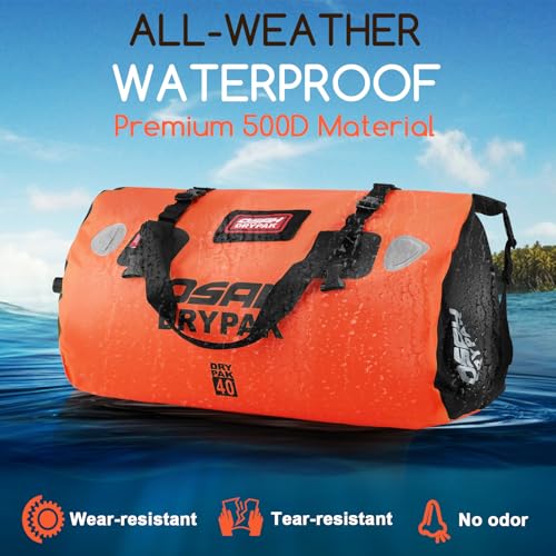 OSAH DRYPAK Waterproof Duffel Bag - Motorcycle Dry Bag Tail Bag with Large Storage Space, Waterproof Luggage Duffle Bags with Outer Mesh Zipper Pocket for Camping, Kayaking, Fishing & Traveling - color: Orange, size: 40L