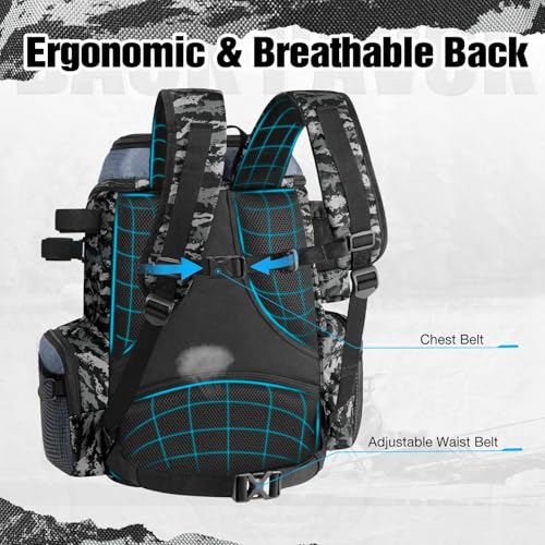 Piscifun Fishing Tackle Backpack with Rod Holders & 4 Tackle Boxes, 42L Outdoor Fishing Bag with Waterproof Rain Cover - color: Balck Camouflage