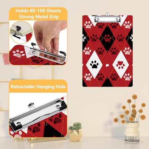 Black and Red Paw Prints Clipboard, Valentine's Plaid Pattern Decorative Clip Board with Metal Clip Cute Plastic Clipboards A4 Standard Size 8.5" x 12.5" for Nurses, Students, Office - color: Black Red Paw