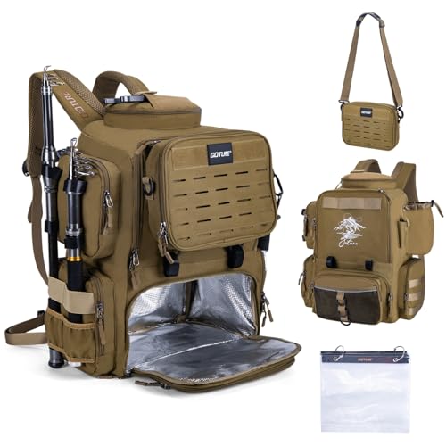 Goture Fishing Backpack, 58L 900D Water-Resistant Insulated Tackle Backpack with Cooler, Rod Holders, 8 Lure Pockets, Detachable Crossbody Bag, Gear Storage Large Fishing Bag for Camping Hiking - color: Khaki