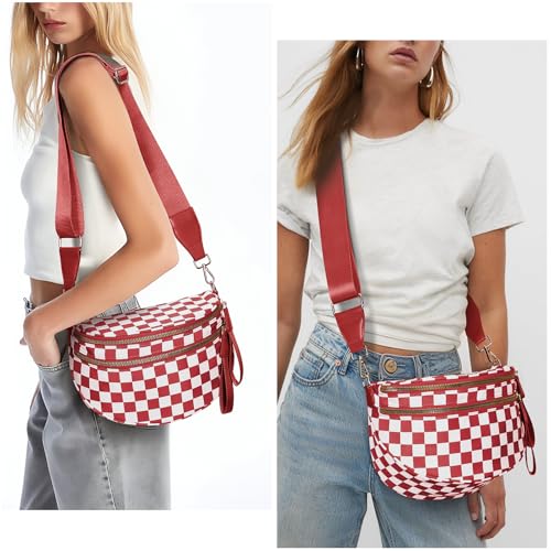 Checkered Crossbody Bum Bags for Women Nylon Checkered Purse Checkerboard Fanny Pack - color: A07-red