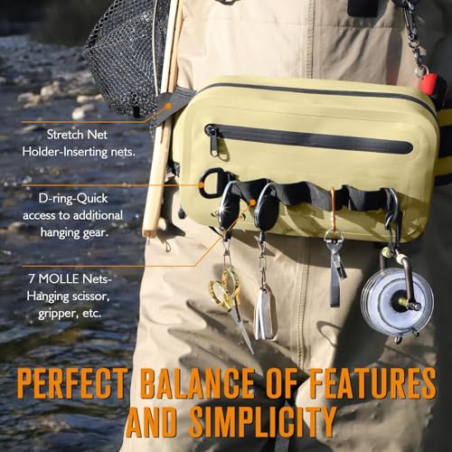 Dovesun Waterproof Fishing Fanny Pack for Men 3.3L Fly Fishing Bag Chest Pack with Airtight Zipper - color: Khaki