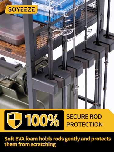 SOYEEZE Fishing Rod Holders for Garage with Pegboard and Lockable Wheels, 3-Tier Fishing Pole Rack with 10 Hooks, Fishing Gear Tackle Box Organizer Up to 12 Rods, Rolling Fishing Storage Cart - color: Black-3-Sided, size: 3-Sided 10 hooks