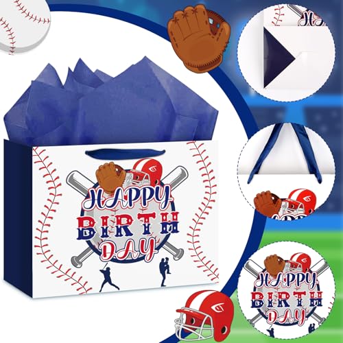 Hooqict Baseball Gift Bag Baseball Birthday Party Gift Wrap Bag with Handles, Tissue Paper, Greeting Card for Kids Boys Men Sport Themed Birthday Party Favors Supplies - color: Baseball
