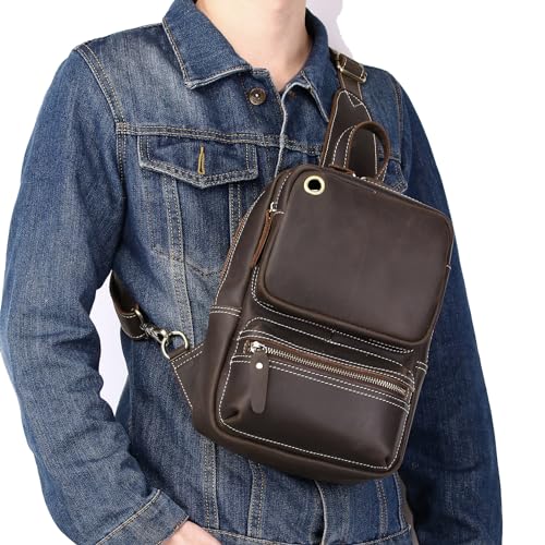 Genuine Leather Sling Bag for Men Women Shoulder Backpack Satchel Crossbody Chest Casual Outdoor Daypack - color: #05deep Brown