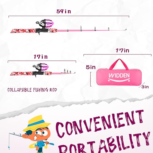 WIDDEN Kids Fishing Pole, Portable Telescopic Kids Fishing Poles for Boys and Girls, Fishing Rod and Reel Combo Kit with Tackle Box, and Fishing Net, Best Fishing Pole for Toddler Youth - color: PINK