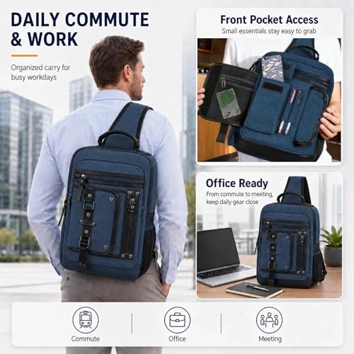 Cross Body Bag for Men: Large Canvas Sling Backpack Messenger Bag Fits 15.6 Inch Laptop for Work Commute - color: Dark Blue, size: X-Large