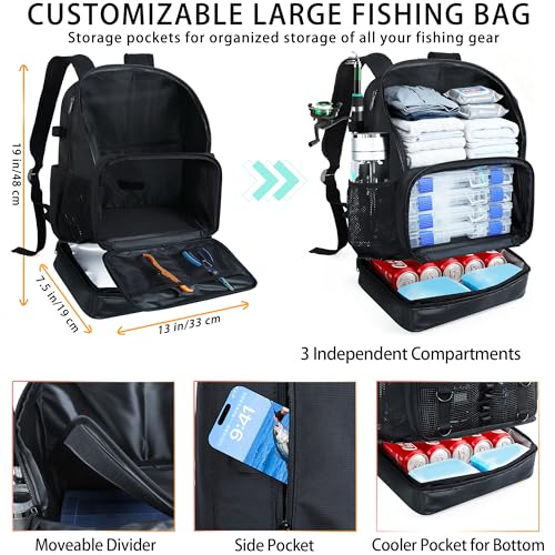 Fishing Backpack with 4 Tackle Boxes, Heavy Duty Fishing Bag with Waterproof Bottom, Tackle Backpack Gifts for Man Woman-Pure Black - color: Pure Black