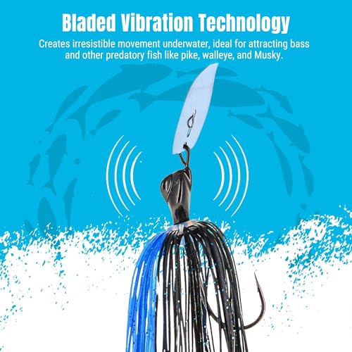 Reaction Tackle Breaker Jigs for Bass Fishing, Bladed Vibrating Swim Jig Lures with Silicone Skirts, Weedless Bait for Pike, Walleye, Muskie - 3 Pack - color: Black/Blue, size: 3/8 Oz