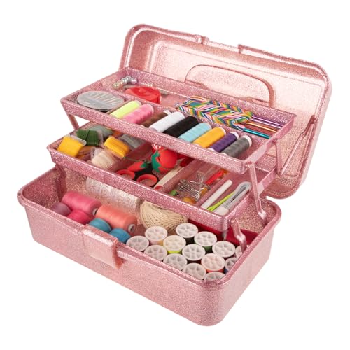 Glitter Pink 3 Layer Craft Storage Box, Pink Tackle Box Organizer for craft tool, Cosmetic Organizer for girls - color: Hot Blush