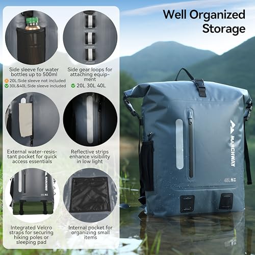 MARCHWAY Roll Top Waterproof Backpack, Floating Dry Bag 20L/30L/45L with Ergonomic Rectangular Base, Cushioned Back, Hip Strap for Hiking Camping Kayaking Travel (Grey, 30L) - color: Grey, size: 30L