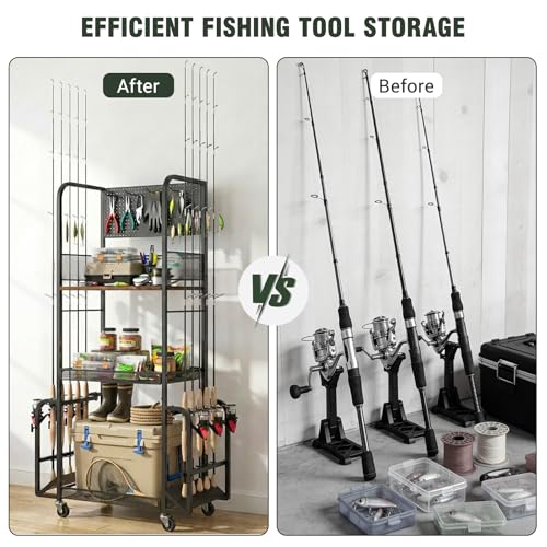 Fishing Rod Holders for Garage with Pegboard and Hooks, Fishing Pole Holders Up to 10 Rods, 3-Tier Anti-Drop Fishing Rod Storage Rack Cart with Lockable Wheels, Heavy-Duty Tackle Gear Organizer
