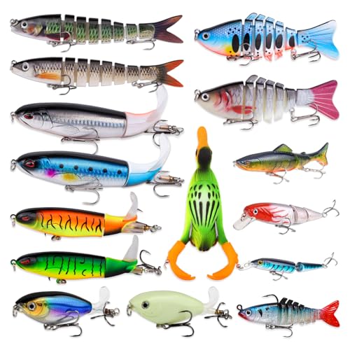 TSKS Fishing Artificial Lures Kit Mixed Including Front Diving Fin Minnow Surface Popper Crank Baits Pencil VIB with Hook and Soft Lures Accessories for Saltwater Freshwater Trout Bass Tackle Gift Set - color: 15pcs