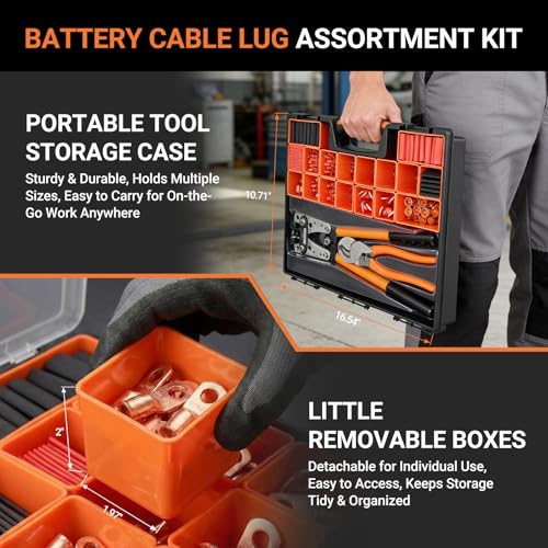 245pcs Battery Cable Ends Kit,AWG 2 4 6 8 1/0 2/0 Gauge,0 Gauge 00 Gauge Heavy Duty Wire lugs, 3/8" Ring Terminal Connectors with 3:1 Heat Shrink Tube & Professional Wire Cutter