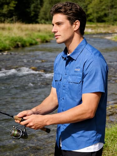 Satankud Fishing Shirts for Men Short Sleeve Sun Protection Cooling Hiking Shirt for Travel Safari Camping Work - color: Dark Blue, size: Small
