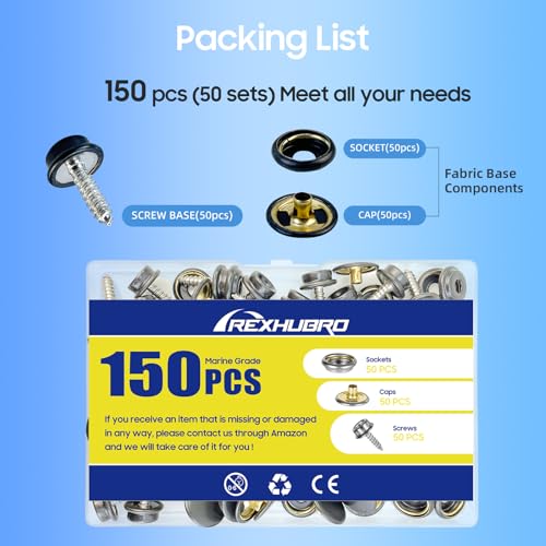 Canvas Snap Kit, Stainless Steel Snaps Marine Grade Snaps for Boat Cover - Snap Kit for Boat Cover 3/8" Socket Metal Snaps Fasteners for Clothing Leather Fabric Canvas150 PCS (Black) - style: Black1
