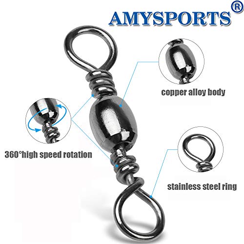 AMYSPORTS High Strength Fishing Swivels Barrel Solid Ring Barrel Fishing Swivel Rolling Fishing Tackle Line Connector Saltwater Freshwater Stainless Steel Accessories - size: Size1 (106lb) 50 pcs