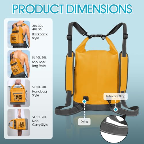 MORXPLOR Dry Bag Waterproof,5L/10L/20L/30L/40L/55L Roll Top Dry Bag Backpack with WaterProof Phone Case for Swim,Kayak - color: Yellow, size: 20Liter