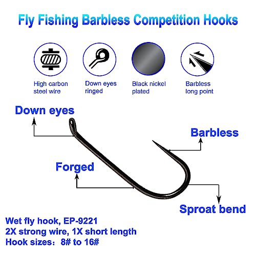 Eupheng 100pcs Plus Best Barbless Competition Fly Fishing Hook Collection, Dry Nymph Strimp&Pupa, Pupa jig Fly Hooks High Carbon Competition Hook - color: Wet Fly Hook EP-9221, size: 8#
